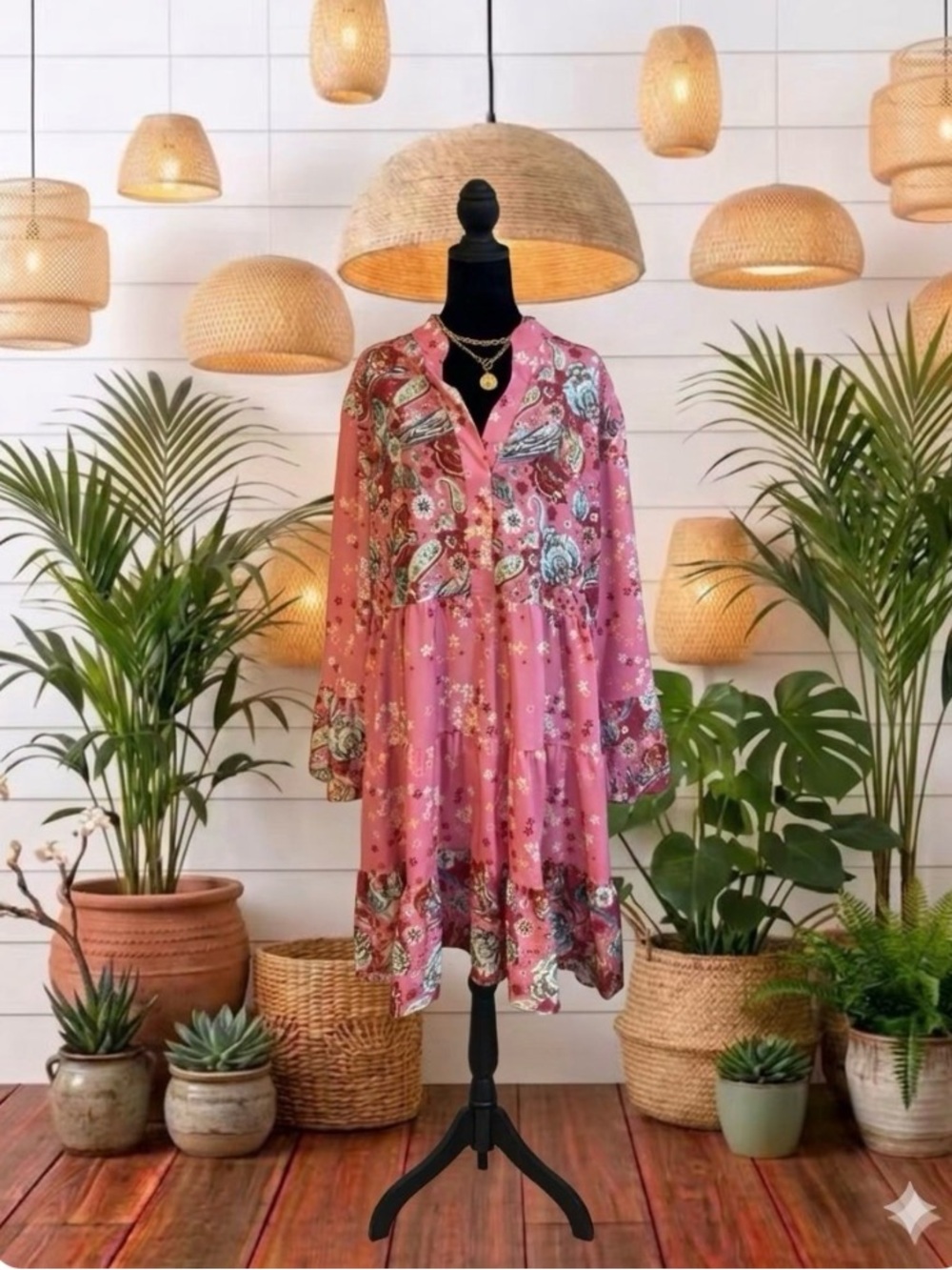Pink Floral Long Sleeve Tiered Tunic Chic Dress